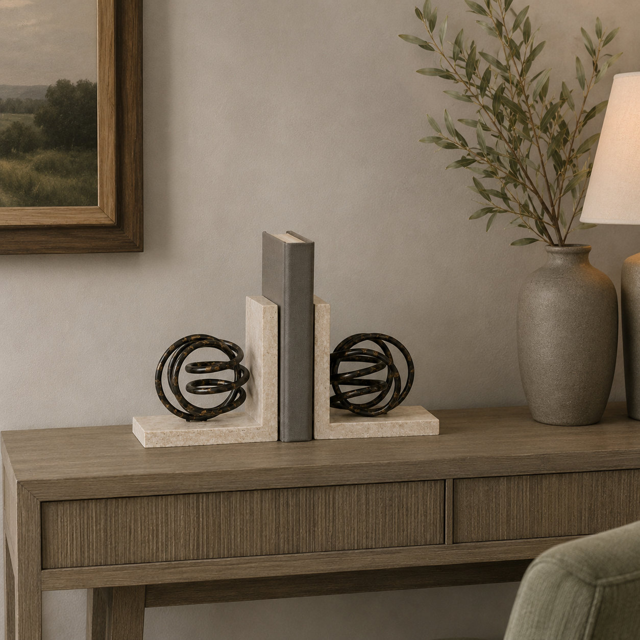 Wooden Bookends with Black Metal Coiled Sculptures