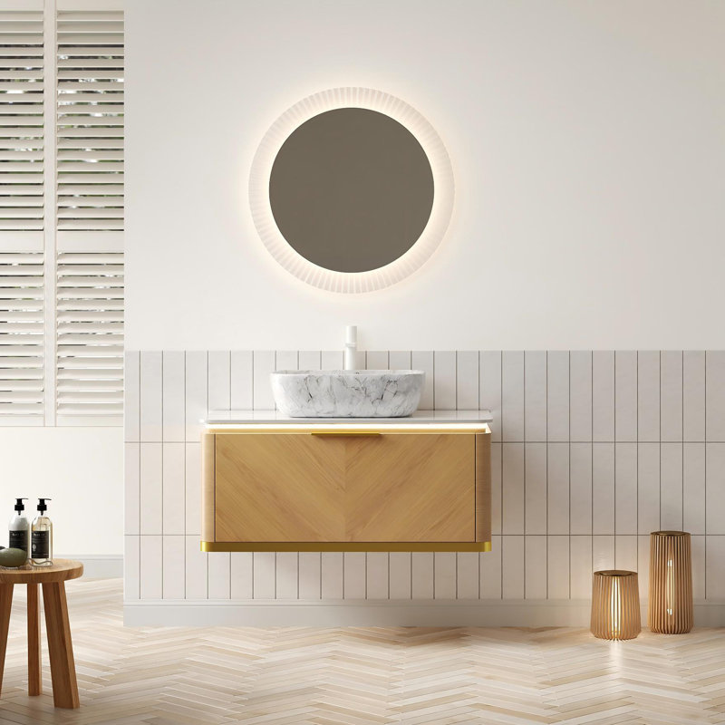 Meuble-lavabo flottant en chêne 36 po avec lavabo rectangulaire en marbre, capteur DEL et tiroir Absher