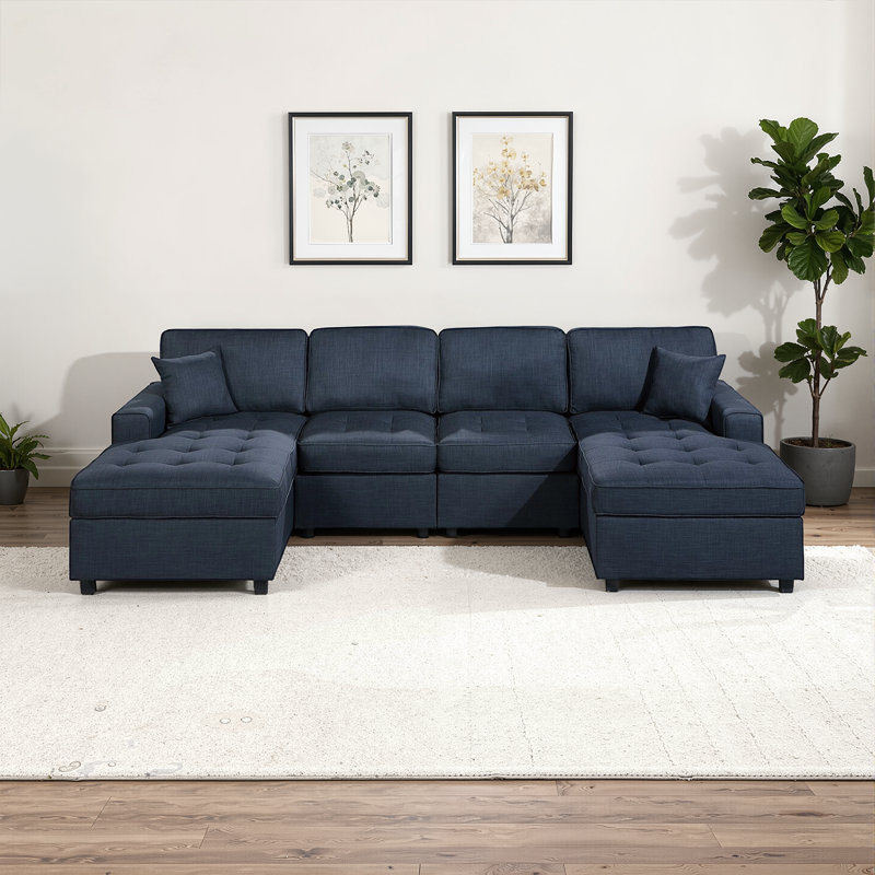 Canapé modulaire 3 pièces avec méridienne réversible et sans accoudoirs, Bleu très foncé