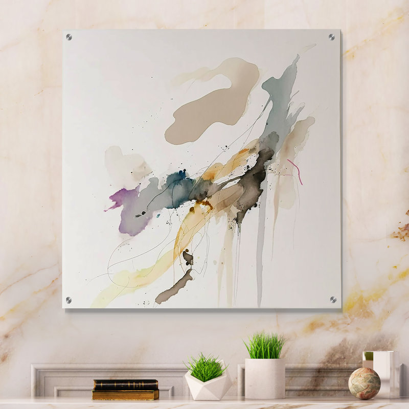 «Touched By Mustard» jaune et ultime gris I - art mural acrylique abstrait à encre liquide, H 30 po x l 30 po