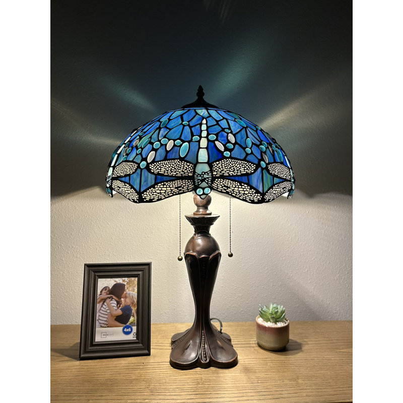 Gloriann Tiffany Table Lamp Stained Glass Dragonfly LED bulbs Included Pull Chain Switches 16"W*16"D*24"H, Sea Blue