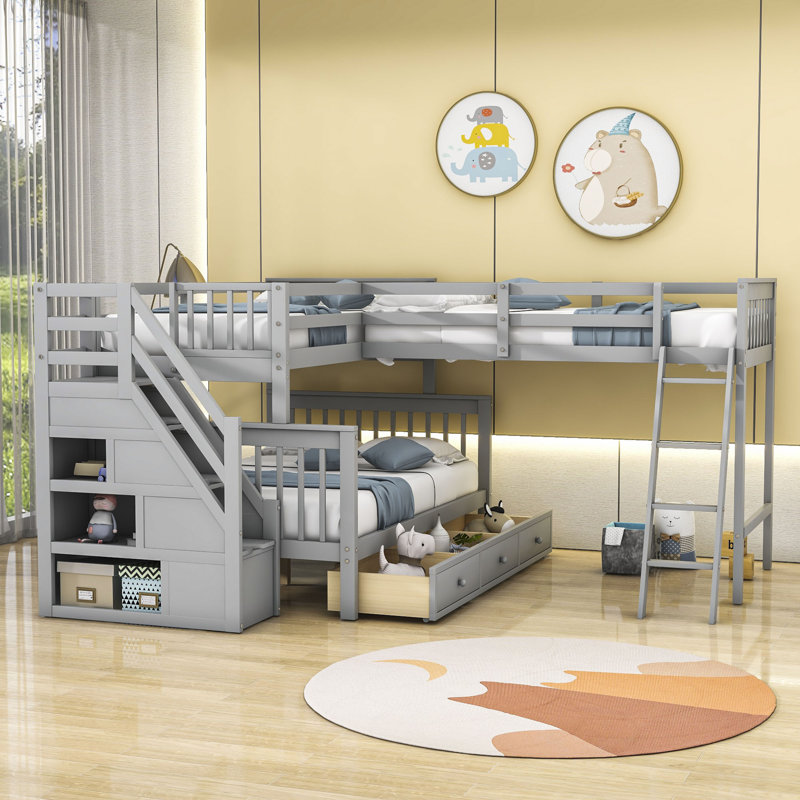 Fabriana Twin Over Full & Twin 3 Drawers L-Shaped Bunk Bed with Storage, Gray