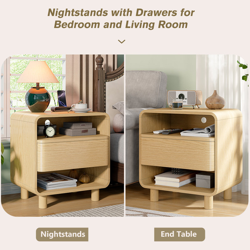 Modern Nightstand W/open Shelf Storage, Mid Century Night Stand With Drawer, Curved Profile, Wood Bedside End Table For Bedroom, Light Oak