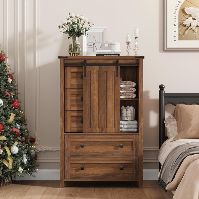 5-Drawer Farmhouse Tall Dresser with Sliding Barn Door, Wood Storage Chest for Bedroom, Living Room, Brown