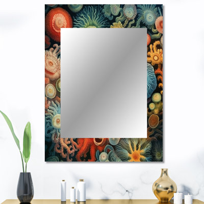 «Beautiful Deep Sea Anemones Retro Harmony VI» - miroir décoratif animaux marins, miroir mural bleu, impression d'art en métal
