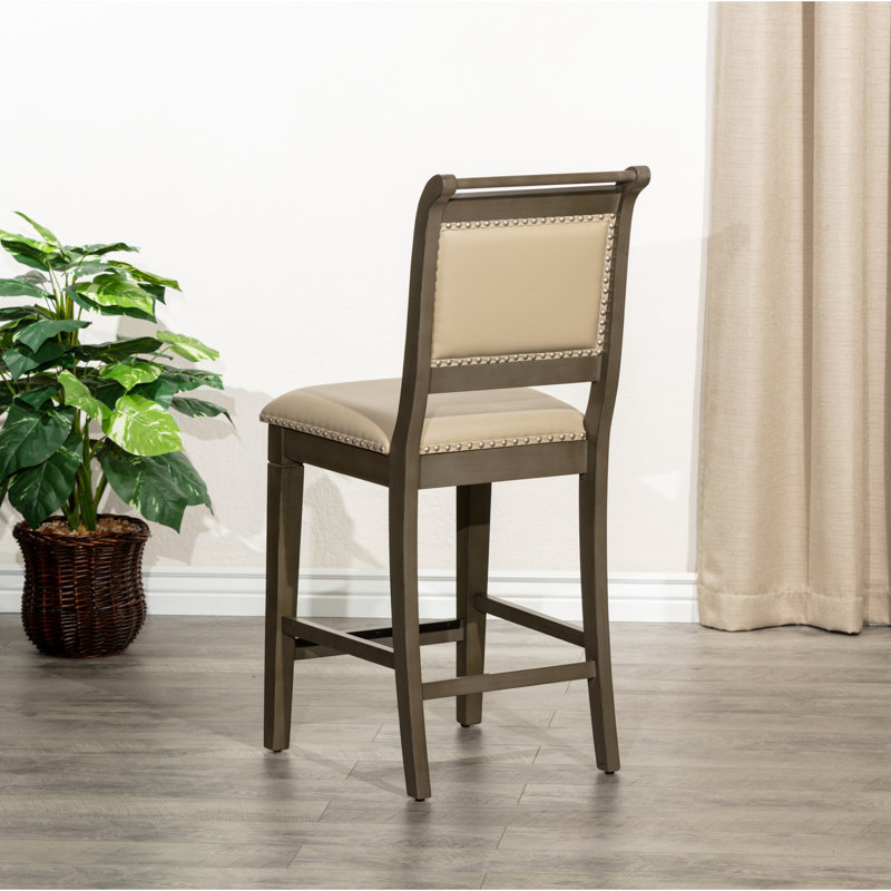 Counter Stool In Weathered Grey Finish, French Leather Seating Part With Comfy Back