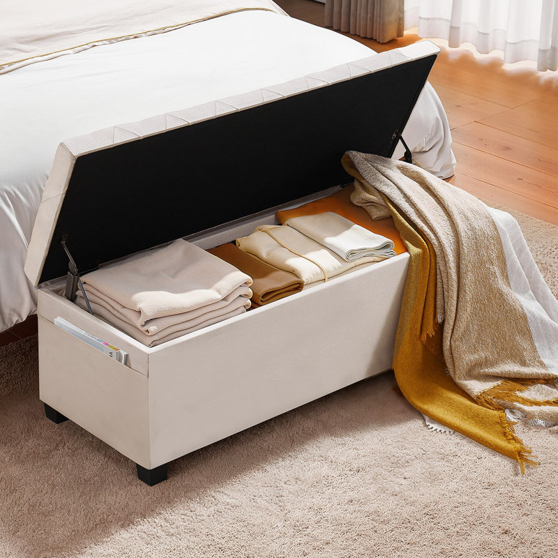 Banc de rangement avec repose-pieds, banc de bout capitonné avec sacs latéraux, commode de rangement rembourrée avec structure en métal, repose-pieds en lin