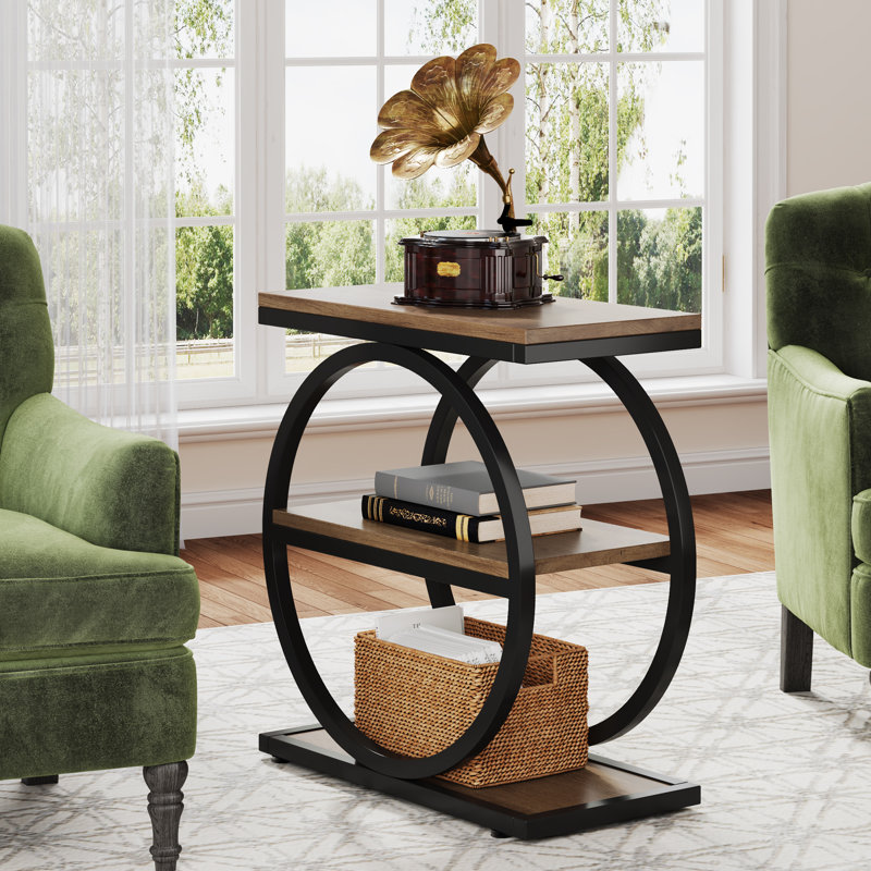 Marquille End Table, Small Side Table with Shelves for Living Room, Bedroom, Nightstand, Light Brown/Black