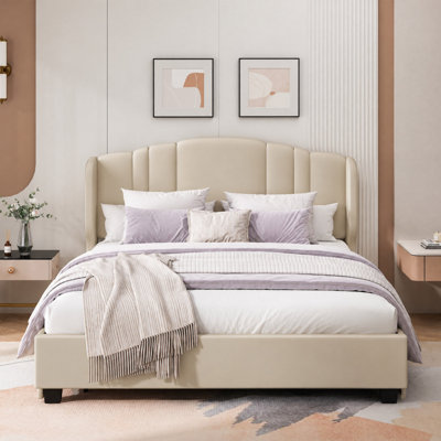 Queen Upholstered Platform Bed Frame, Channel‑Tufted Wingback Headboard, 2 Under‑Bed Storage Drawers & Pull‑Out Trundle