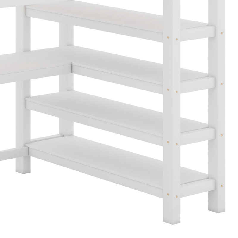 Lit mezzanine avec tablettes de rangement et bureau sous le lit, Blanc, Lit double