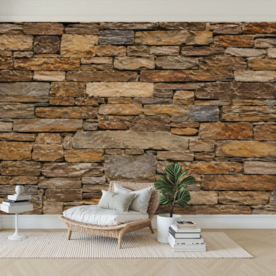 Wall Mural Peel and Stick Wallpaper Rustic Stacked Stone Wall Earth Tone Brown Gray Self-Adhesive Removable Contact Paper Wall Decor for Living Room Bedroom 100"H x 144"W