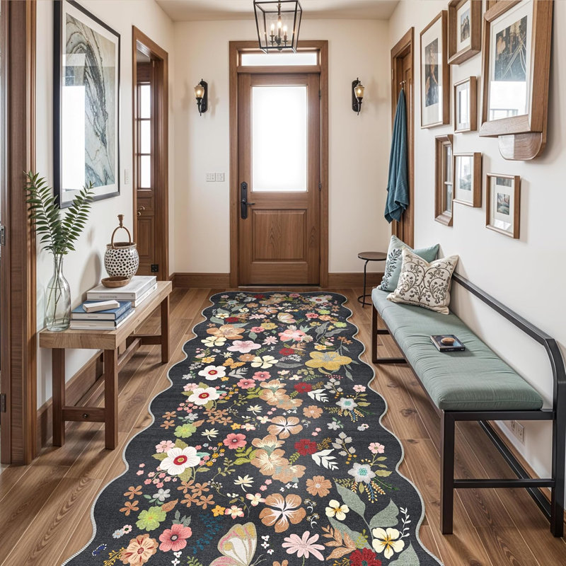 Washable Living Room Area Rug: Indoor Vintage Floral Large Bedroom Rugs Non-Slip Stain Resistant Low Pile Carpet for Kitchen Soft Thin Home Decor Floor Mat for Dining Room Nursery (Black)