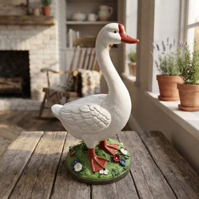 20 Inch Paintable Goose Garden Statue for DIY Family Craft: 1 Blank Statue + Unlimited Colors - Paint & Display Same Day - Weatherproof Magnesia Yard Art with Farmhouse Floral Base for Porch Lawn Patio