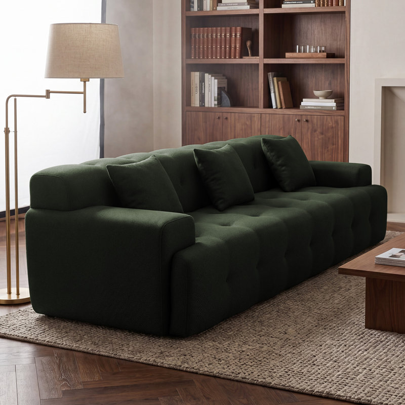 Boneless 114" Compression Cloud Sofa Deep Seat Large Couch With Pillows, Green