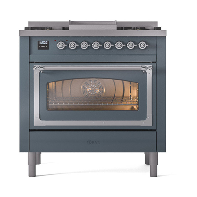 ILVE Nostalgie II Noblesse 36 in Dual Fuel Range, Liquid Propane, Blue Gray/Chrome