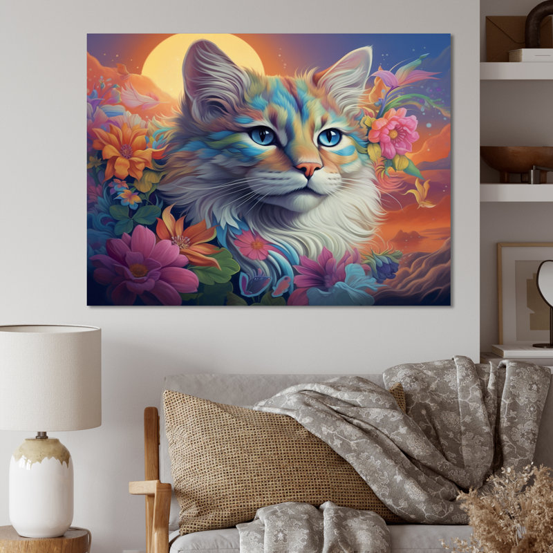 Reproduction sur toile d'un chat psychédélique arc-en-ciel avec des fleurs de pleine lune, H 30 po x l 40 po x P 1,5 po