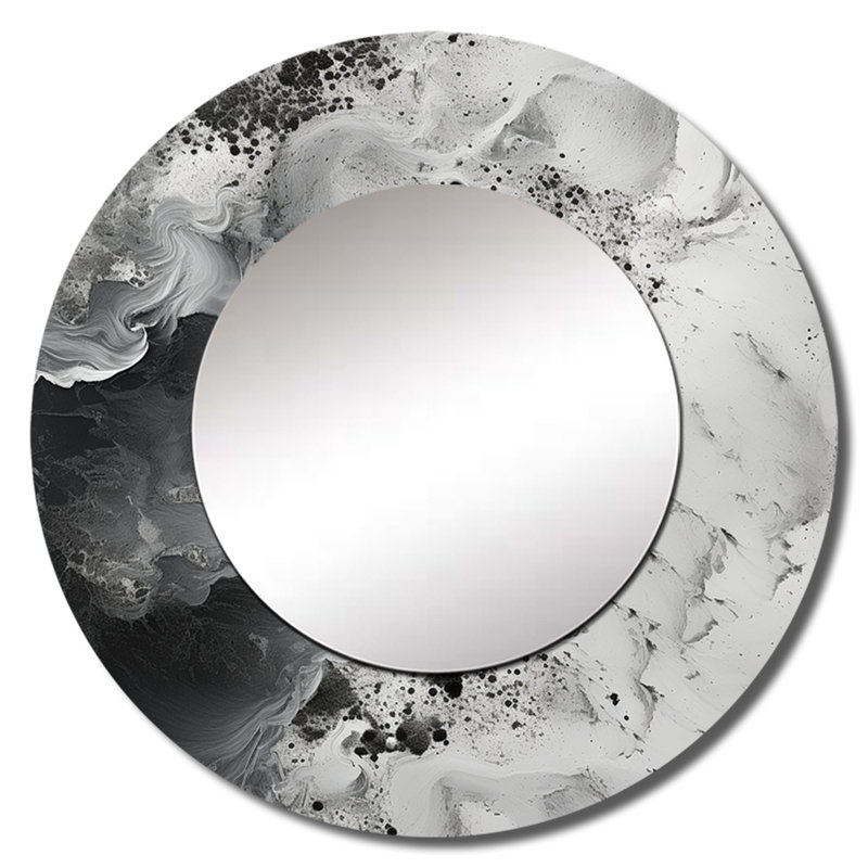 Robbert abstrait, peinture liquide crème et noire I - miroir bord de mer, miroir mural décoratif rond, impression sur métal