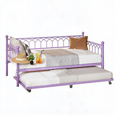 Twin Daybed with Trundle, Metal Sofa Bed Frame with Charging Station & LED Lights, 2 in 1 Pull Out Twin Trundle Bed for Living Room, Bedroom, Guest Room,Apartment and Small Spaces.