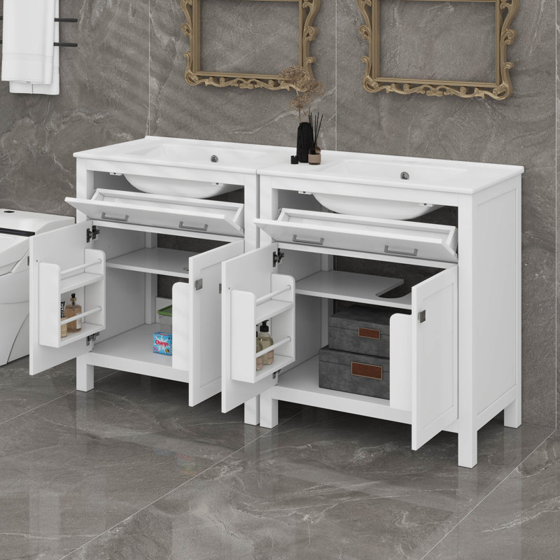60" Bathroom Vanity Set, Double Vanities, Double Ceramic Sinks, Storage Shelf, And Divided Drawers, Blanc