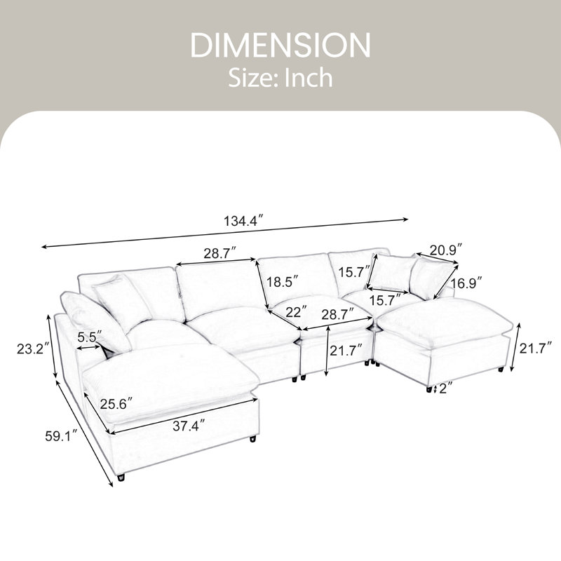 Cherryle Upholstered U-Shaped Sectional Reversible, Beige Polyester