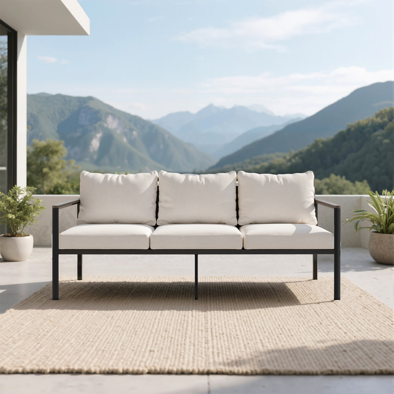 72in Outdoor Aluminum Outdoor 3-seat Sofa with PE Wicker Backrest & Thick Cushion for Patio, Deck, Balcony & Garden, Beige