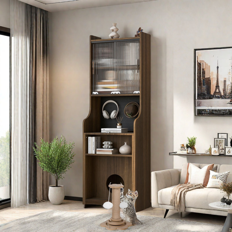 Mid-century Multi-use Extenable Cabinet Desk With Storage Peg Board, Storage Cabinet With Sliding Glass Doors, Led Light, Free Cat Cushion And Cat Toy