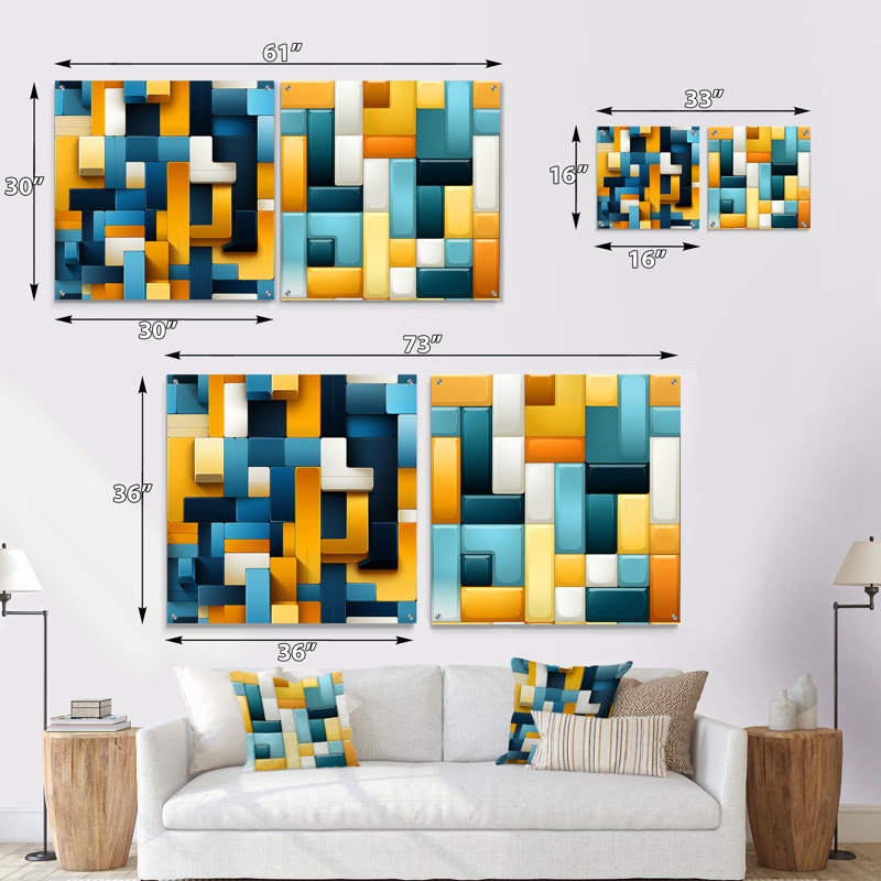 Harmonie de blocs géométriques jaunes et bleus - ensemble abstrait d'art géométrique acrylique sur verre, H 16 po x l 33 po