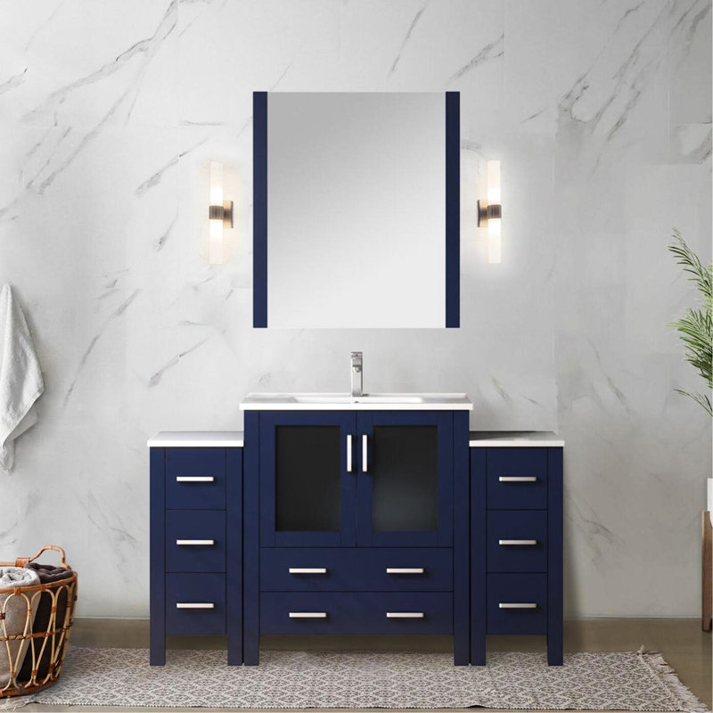 54 po Meuble-lavabo W bleu marine avec armoires latérales, comptoir en céramique blanche, robinet et miroir 28 po, comptoir Scratch, simple en acier inoxydable
