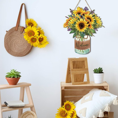 Sunflower Welcome Door Sign Wooden Wreath For Front Door, Farmhouse Hanging Wall Decor For Summer, Fall, Porch, Entryway, Indoor & Outdoor