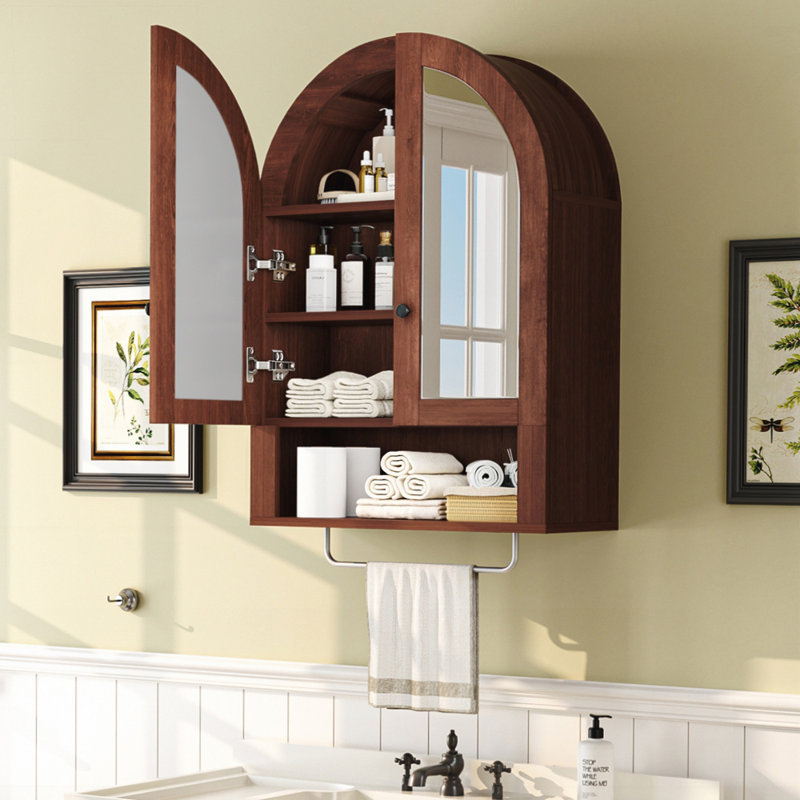 Wall Mounted Arched Cabinet with Mirrored Doors and Adjustable Shelves, Brown