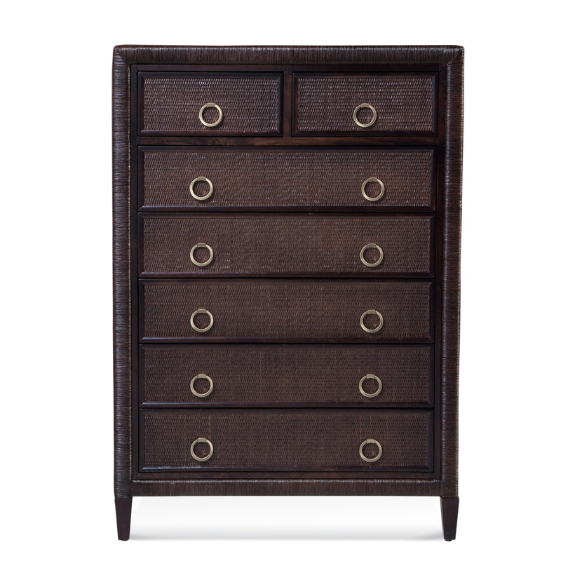 Warwick 7-Drawer Solid Wood and Wicker Vertical Chest, Antique Frost White, Satin Nickel