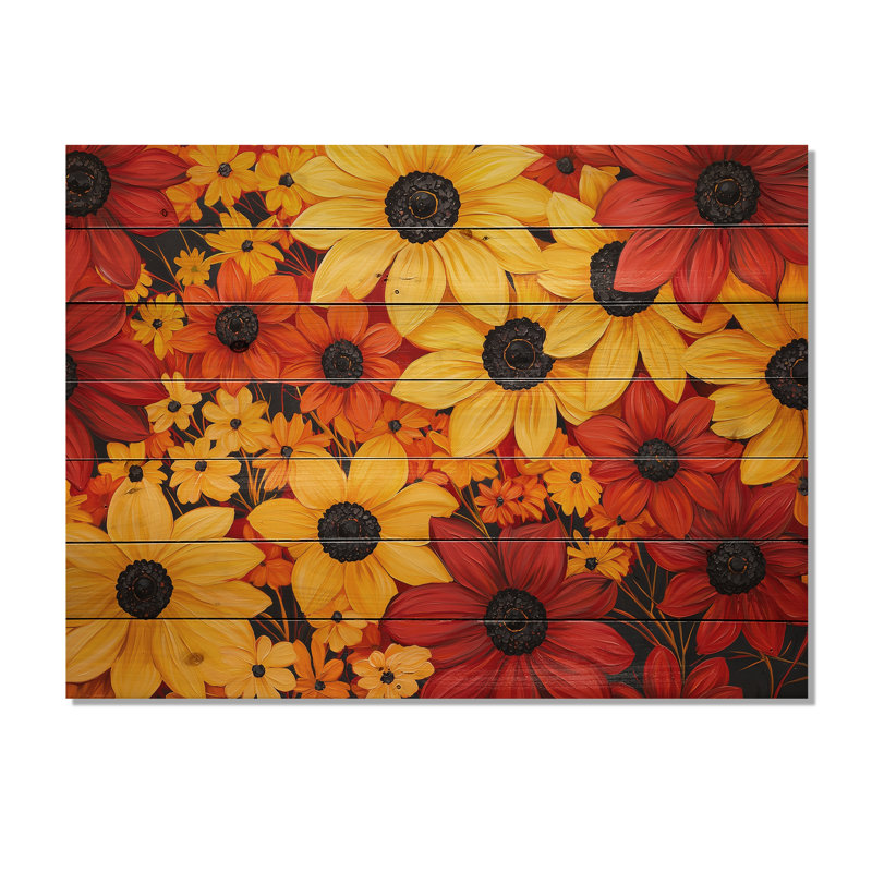 «Autumn Daisy Garden Charm I» - marguerites, art mural sur bois de pin naturel, H 30 po x l 40 po x P 0,78 po