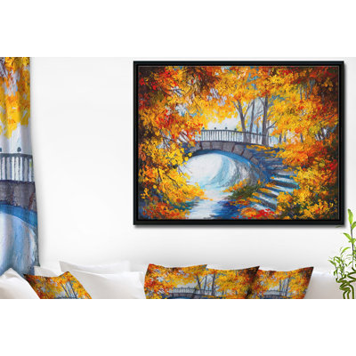 «Fall Forest with a Bridge», reproduction de peinture à l'huile sur toile tendue encadrée