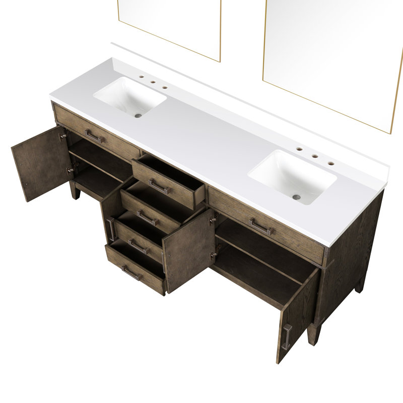 80 po W Double meuble-lavabo en chêne gris avec plateau en marbre de culture, 36 miroirs et tiroirs à fermeture en douceur pour le rangement Deux compartiments intérieurs organisés à la main