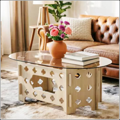 Table basse 38,6 po ovale avec plateau en verre trempé caramel, base en bois sculpté creux, parfaite pour la maison de campagne et les décors modernes