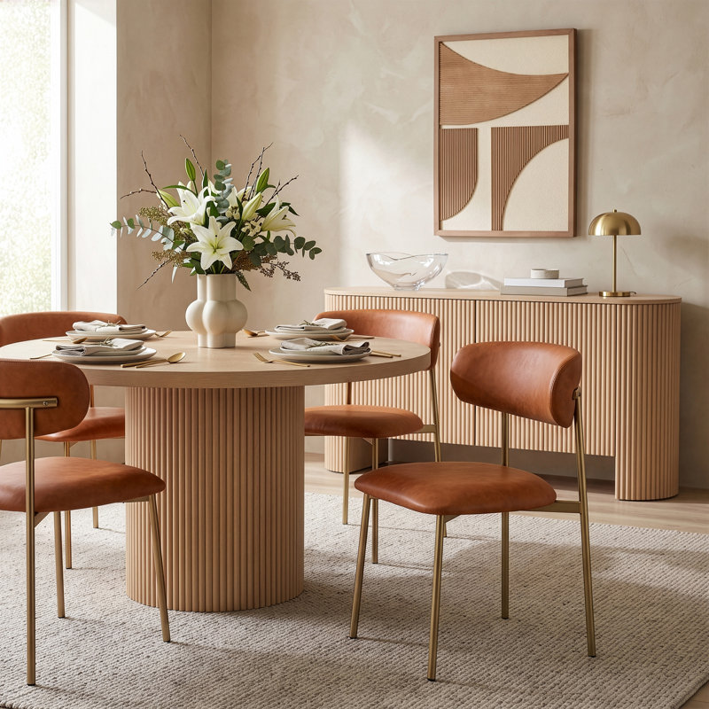 Lupita Upholstered Back Side Chair Dining Chair, Brushed Gold, Cognac Vegan Leather