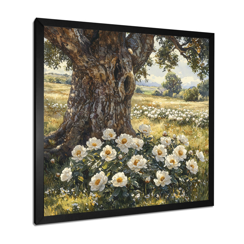Pivoines près du vieux chêne II - pivoines, art mural, Reproduction encadrée d'une seule photo, Noir, noir, noir, noir