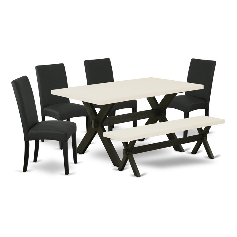 L'ensemble de table de salle à manger 6 pièces comprend une table de cuisine rectangulaire avec pieds en X et 4 chaises Parson en tissu de couleur noire avec banc, finition noire brossée