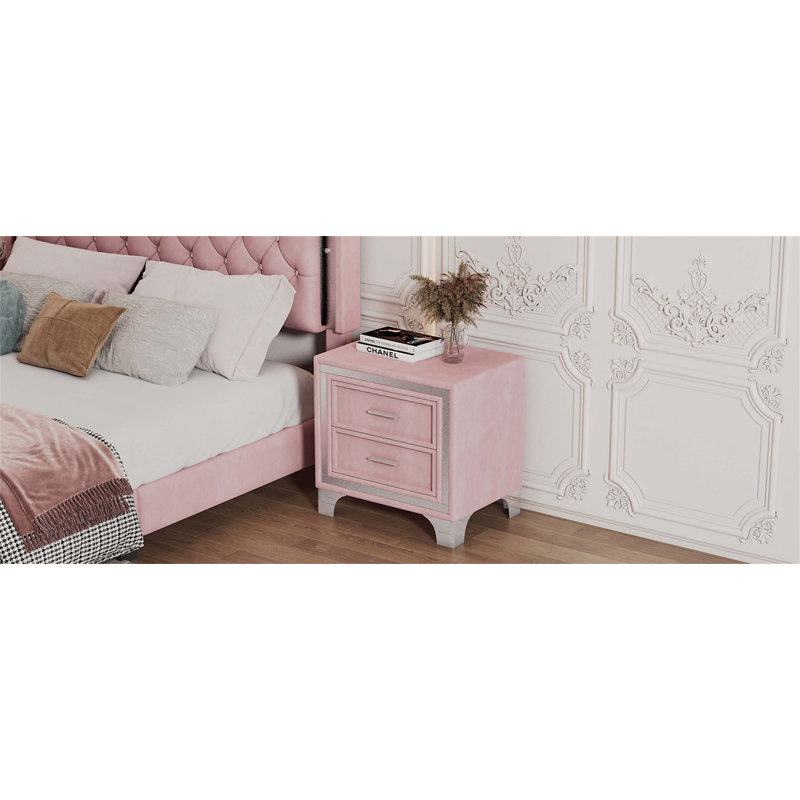 Velvet Solid Wood Nightstand, Pink