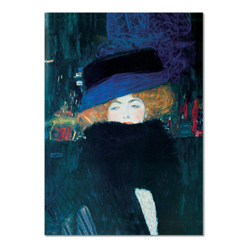 Lady With Hat And Feather Boa by Gustav Klimt - No Frame Painting on Glass, 95cm H x 65cm W