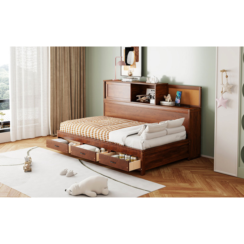 Lit de jour simple en bois noyer avec 3 tiroirs de rangement, tablette souple supérieure, tablette et pour un confort intégré