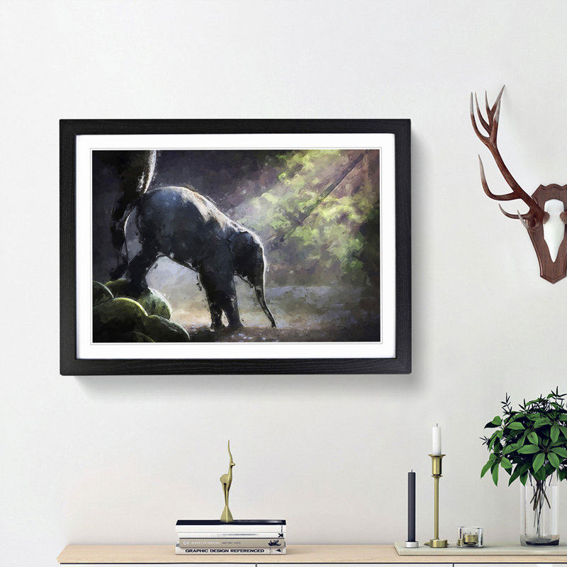 Mother Elephant Encouraging Baby in Abstract - Picture Frame Painting Print, 27cm H x 36cm W x 2cm D, Black Framed