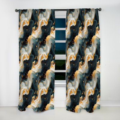 Gold Veins And Blue Marble Pattern I - Glam Velvet Curtain - Room Darkening - 1 Panel