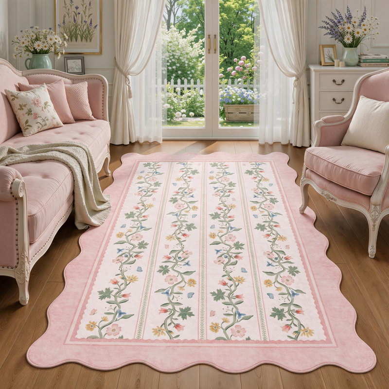 Tapis doux à motifs floraux festonnés – Lavable à la machine, antidérapant, style vintage, Beige, 5' x 7'