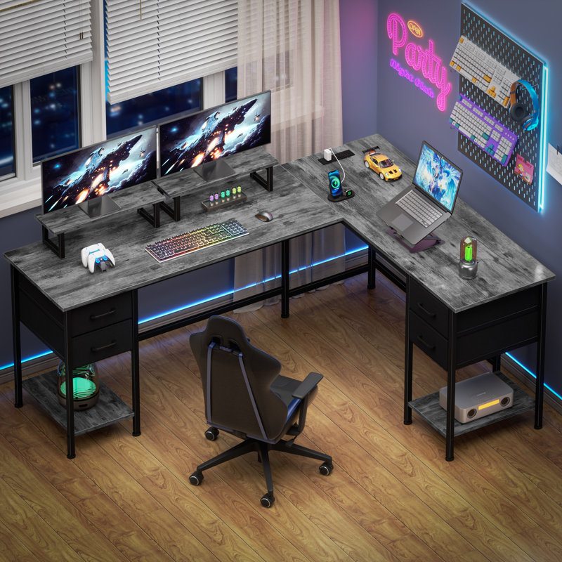 66” L-Shaped Computer Desk with Power Outlet, 29.1" H x 66.1" W x 47.2" D, Gray