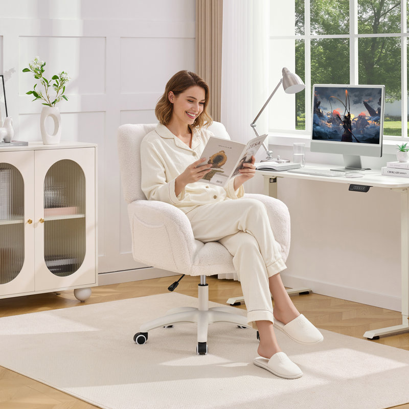 Comfy Home Office Desk Chairs with Pillow,Vanity Chair with Wheels, Ivory, White