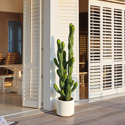 Cactus artificiel de 2,5 pi à 3 branches et 16 nervures blanches - Faux cactus d'intérieur