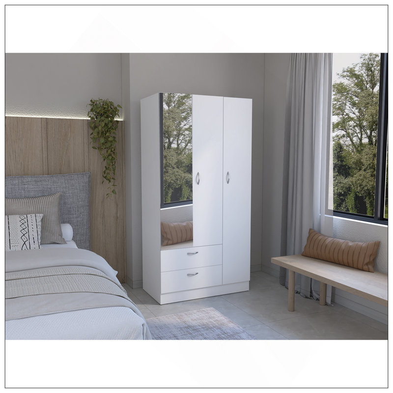 Armoire avec 3 portes, une avec miroir, deux tiroirs, quatre tablettes et barre de suspension, blanc