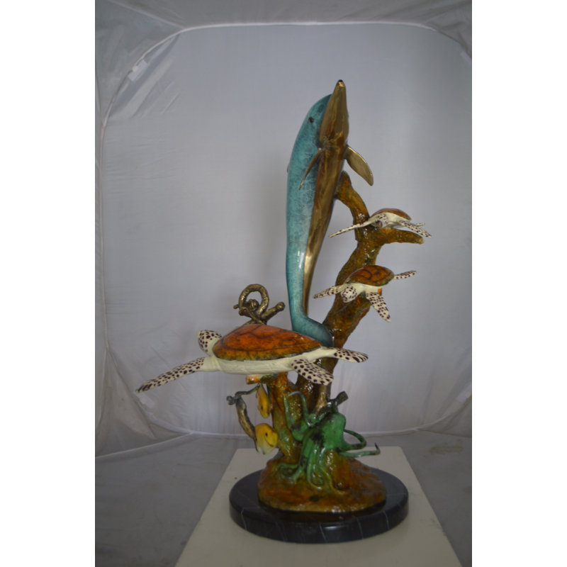Bronze Dolphin medium with Turtles Fountain Bronze Statue -  Size: 24"L x 34"W x 36"H.