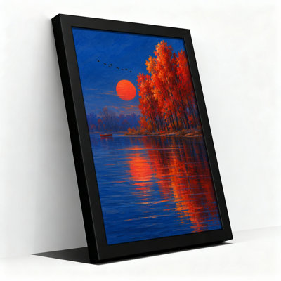 Orange Autumn Trees Reflecting in Blue Water Under Large Canvas Wall Art